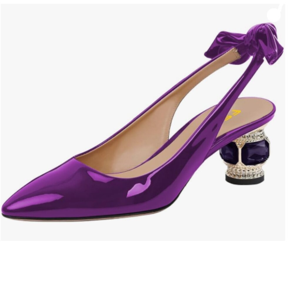 FSJ Purple Cute Slingback Pointed Toe Slip On Back Bowknot Crystal Heel Pumps